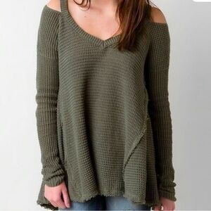 Free People Moonshine Waffle Knit Cold Shoulder V-Neck Sweater